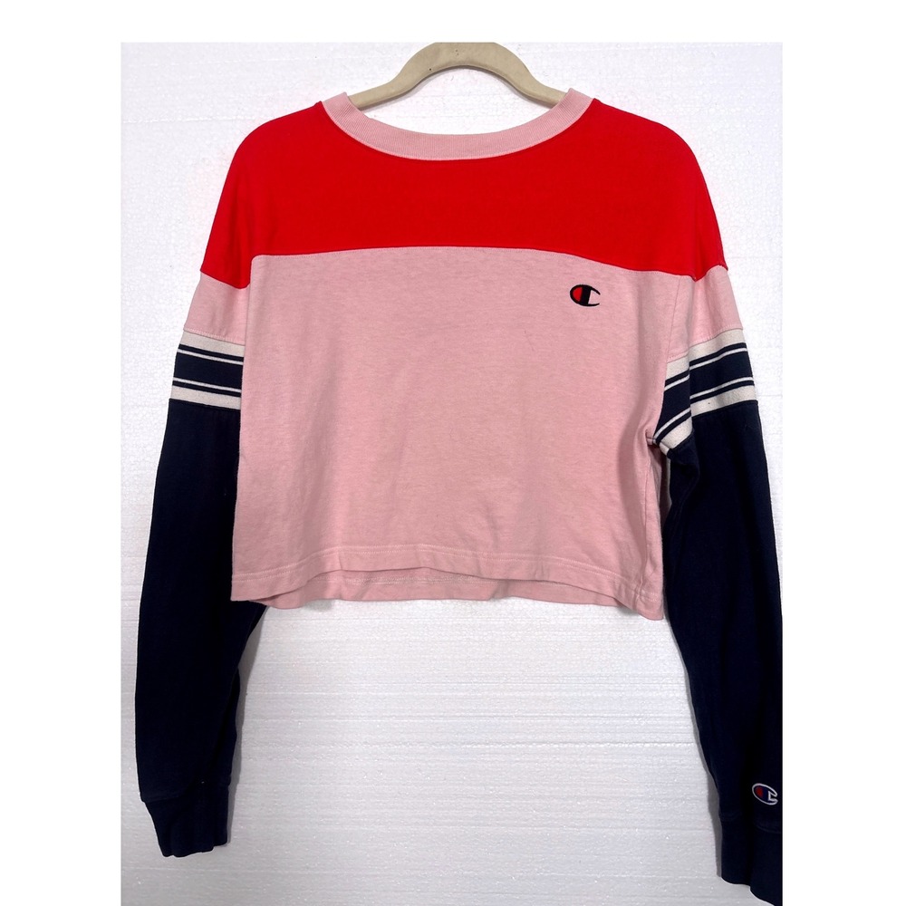 Champion Women's Cropped Colorblock Long Sleeve Tee Pink Red Navy XS